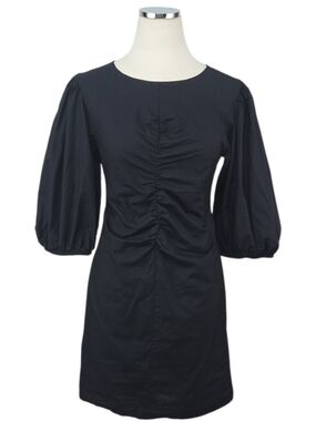 Free People Hope Mini Dress Medium Black Ruched Puff Sleeve Cotton Poplin LBD